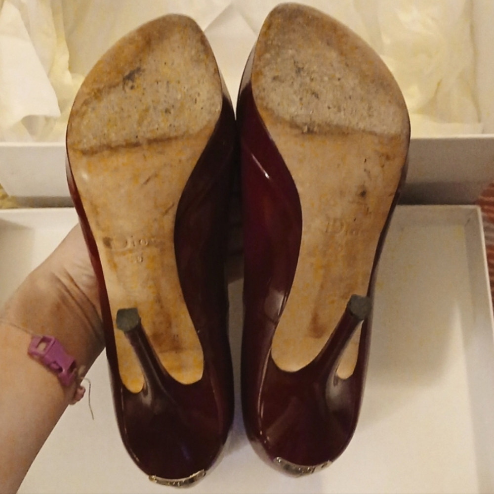 MISS DIOR Logo Classic Peep Toe Pumps Patent Leather Platform Stiletto High Heel - Picture 13 of 16